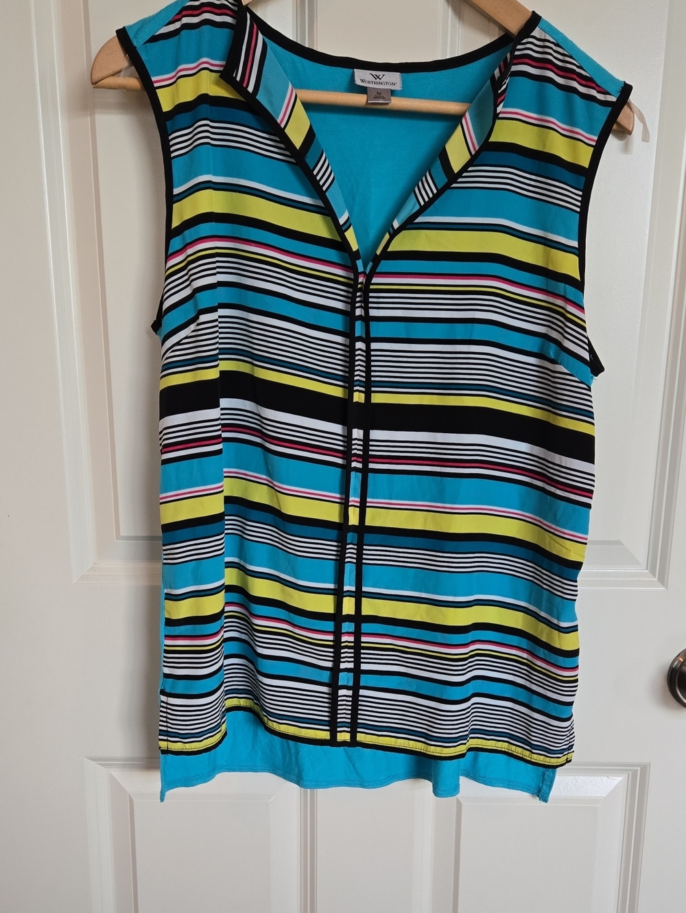 Worthington Striped Sleeveless V-Neck Top in Turquoise/Yellow